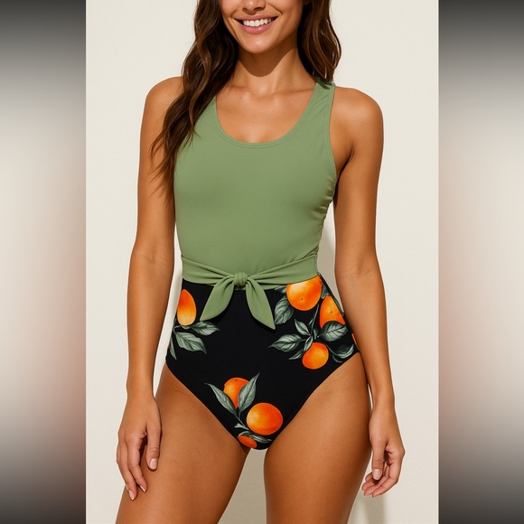 Cupshe Other - Cupshe One Piece Swimsuit Small Green Orange Print Zip Back Cutout Tie Waist
